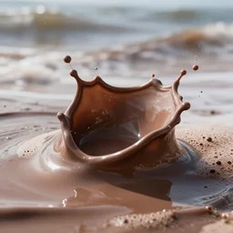 ocean wave sweets hot chocolate milk choco lactose liquid brown dark twist splatter splash reflective river pool molten light frothy.