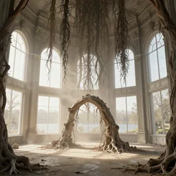 victorian hanging dry trees inside a tower, eroded lake, archways, large windows, light dust, by peter mohrbacher dan mumford craig mullins nekro, cgsociety, pixiv, volumetric light, 3 d render