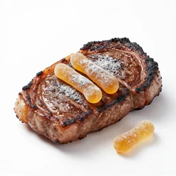food photography of burnt steak with a dusting of ash and gummy worms