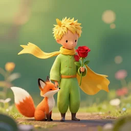 the little prince holding a red rose and standing with a fox illustration, bokeh, octane render, award winning