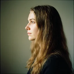 woman's profile with long hair in the style of Annie Leibovitz and Jan Lievens. 35mm photo. Mamiya 7. award winning. hq.