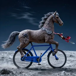 an anthropomorphism horse cycling on the moon, in a sea, the cycle is blue, the wheels of the cycle is trees, horse is holding a sword in his hand, the sky is starry, windy, cinematic, unreal engine
