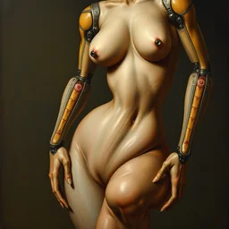 strange curvy seductive futuristic robot body, enticing colorful oil painting balthasar van der ast. roeland savery. adriaen van de velde. adriaen pietersz van de venne. pieter claesz. salomon van ruysdael. abraham ( sturckenburch ) storck. jan ( the elder ) van kessel. dutch golden age vanitas