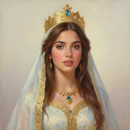 a portrait of eva longoria as an arabian princess in a disney movie, crown!! oil painting, pale colors, high detail, 8 k, wide angle, trending on artstation,