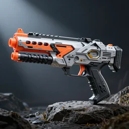 zoomed out product photo of the most impressive scifi nerf gun
