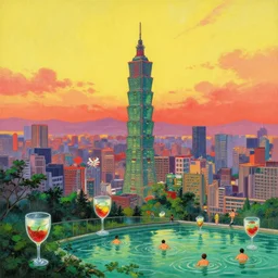 the skyline of taipei city icecream green and red and i love the sound of music on a rainy sunset with people swimming in wine glasses, super realistic and highly detailed painting by japanese comic illustration on yellow background by fernando botero and james jean, dreamy summer vibes, cinematic colors and super wide angle view