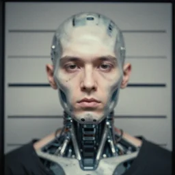 grainy photo soft focus, an ugly criminal mugshot, cyborg cyborg cyborg cyborg implant wires