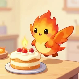 a cute adorable small flaming hummingflameelementalbird baking a cake deviantart Greg rutkowski