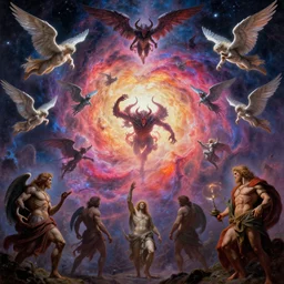 horde of demons and angels flying into a nebula portal in the sky, detailed, vivid colors, masterpiece painting, octane render, neon colors, volumetric lighting, cinematic, by gustave dore, by michelangelo, by h. r. giger