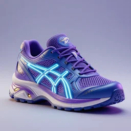 realistic 3 d render of a futuristic sneaker, beautiful studio lighting, soft, sharp focus, neon glowing lines, intricate detail, purple and blue leather, soft white rubber, shiny plastic, hexagon mesh, gold filigree, octane render, side view, close up, trending on artstation, deviantart, asics, salomon