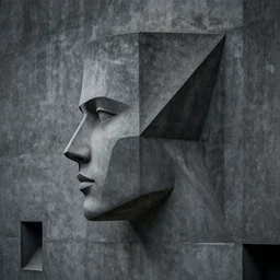 head portrait, side profile, moody, concrete, popular geometric brutalist design
