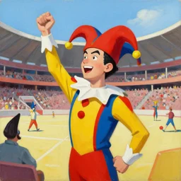 greg manchess portrait of an asian man in a jester outfit cheering in the center of an arena, profile picture, organic painting, sunny day, matte painting, bold shapes, hard edges, street art, trending on artstation, by huang guangjian, gil elvgren, ruan jia, randy vargas, greg rutkowski