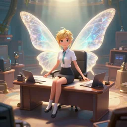 epic professional digital art of a tiny fairy in a business shirt and skirt, sitting in an enormous chair at an enormous desk, best on artstation, cgsociety, wlop, Behance, pixiv, astonishing, impressive, outstanding, epic, cinematic, stunning, gorgeous, breathtaking fantasy art, masterpiece.