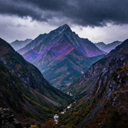 landscape photography by edward burtynsky psychedelic, tall mountains, dramatic lighting, raining, colourful, stunning