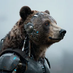 a bear half covered face with cybernetic enhancements as seen from a distance, scifi character portrait by greg rutkowski, esuthio, craig mullins, 1 / 4 headshot, cinematic lighting, dystopian scifi gear, gloomy, profile picture, mechanical, half robot, implants, solarpunk