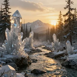 epic crystalline taiga with a river, golden hour, distant mountains, atmospheric perspective, cinematic, 3 5 mm lens, photographic, octane render, cinematography by roger deakins, in the style of ansel adams