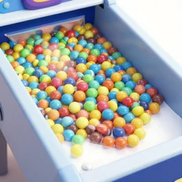 a pinball machine overflowing with coloured marbles