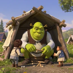 Film still of Shrek building a shelter, sukkah, sukkot, from the movie Shrek (2001)