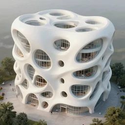 above ground view of building formed from organic white growing tendrils forming the structure of the building. these shapes grow and twist leaving voids, which are occupied by panes of glass and small furniture. these voids are inhabited, dwellings, lived in by small people. photorealistic model lighting, portrait lighting, octane 4 k
