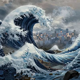 massive tsunami wave approaching densly populated city, dim volumetric lighting, 8 k octane render, hdr, postprocessing, hyperdetailed, intricate, epic composition, cinematic lighting, masterpiece, trending on artstation, stunning art by anders zorn, extraordinary artwork by greg rutkowski