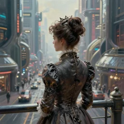 portrait of a victorian lady in a futuristic city, from behind, streets, highly detailed, digital painting in the style of Giger