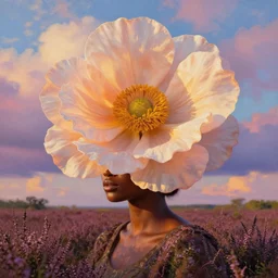 closeup, giant flower as head, african woman in a heather field, surreal photography, golden hour, colorful clouds, impressionist painting, digital painting, artstation, simon stalenhag