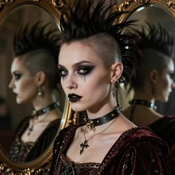 beautiful very extreme closeup portrait, reflection in mirrors, goth girl, piercings collar, mohawk hairstyle, medieval dress. witch, makeup. unreal engine, greg rutkowski, loish, rhads, beeple, tom bagshaw, alphonse mucha, global illumination, detailed and intricate environment