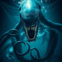 underwater xenomorph alien mixed with sharks extra teeth, tentacles, highly detailed, digital painting, artstation, concept art, smooth, sharp focus, illustration, unreal engine 5, 8 k, art by artgerm and greg rutkowski and alphonse mucha and ifbb pro fitness photograph
