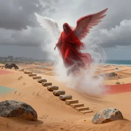 a swirling otherworldly angelic figure shrouded in red robes and white mist emerges from an extensive colorful dune scape with a stairway of floating boulders, windswept, sand, rocks, sparse vegetation, distant cityscape, grey cloudy skies, distant ocean, contrejour lighting, high contrast, highly detailed, a matte painting by Peter Mohrbacher and Filip Hodas
