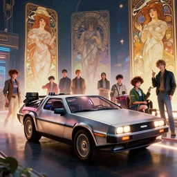 film still from back to the future, time machine solarpunk delorean, octane, greg rutkowski, loish, rhads, beeple, makoto shinkai and lois van baarle, ilya kuvshinov, rossdraws, tom bagshaw, alphonse mucha, global illumination, detailed and intricate environment