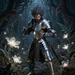 a male knight with beard, stern face, clear eyes, shining armour made of steel, and fractal hair, fighting the darkness in a fractal garden, glowing delicate flower, berries and ferns that grow in a dark flowering fantasy forest, full frame,