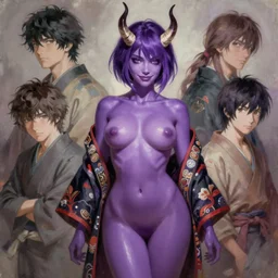 ultradetailed beautiful painting of a stylish tomboy fate wearing only open kimono, oni horns, hourglass slim figure, short purple hair, purple skin, seductive smile, volumetric light, full body portrait by greg rutkowski, ilya kuvshinov, james jean, makoto shinkai, on artstation