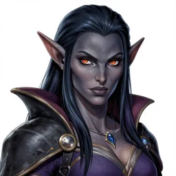 manga line art portrait of a beautiful dark elf with dark grey skin (Viconia from Baldur's Gate 2), very detailed, realistic, colorful