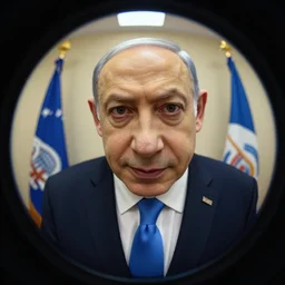 fish eye lens photo of benjamin netanyahu looking at the camera curiously