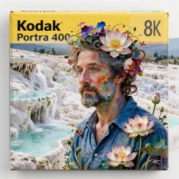 Kodak Portra 400, 8K, soft light, volumetric lighting, highly detailed, portrait photo of a Filthy Frank by WLOP, the face emerges from a Pamukkale, thermal waters flowing down white travertine terraces with lotus flowers, inspired by Ophelia paint , blue shirt and hair are intricate with highly detailed realistic beautiful flowers , Realistic, Refined, Highly Detailed, ethereal lighting colors scheme, outdoor fine art photography, Hyper realistic, photo realistic, masterpiece