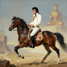 elvis on horseback, buddhist science fiction concept art,, realistic colour palette by bill sienkiewicz