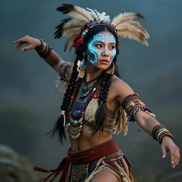 a beautiful portrait of a native american woman with futuristic cybernetic glowing war face paint, dynamic pose, sci - fi, cyberpunk by jules bastien - lepage, 8 k