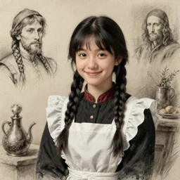 a sadly smiling black haired, young hungarian village maid from the 19th century who looks very similar to Lee Young Ae with a two french braids, detailed, sketch by Rembrandt, Csók István and da Vinci