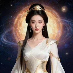 streamline moderne portrait of the powerful empress of the solar system in the style of jean - honore fragonard and in the style of alberto vargas. glowing, ornate and intricate linework, stunning, dynamic lighting, ultrafine and hyperdetailed.