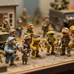 high quality presentation photo of a detailed miniature diorama muppets in wwii, photography 4k, f1.8 anamorphic, bokeh, 4k, Canon, Nikon