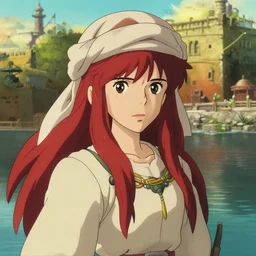a film still of a japanese, with long red hair dressed as an arabian princess wearing a turban, sun lighting, water, finely detailed features, perfect art, at an ancient city, gapmoe yandere grimdark, trending on pixiv fanbox, painted by greg rutkowski makoto shinkai takashi takeuchi studio ghibli,, akihiko yoshida