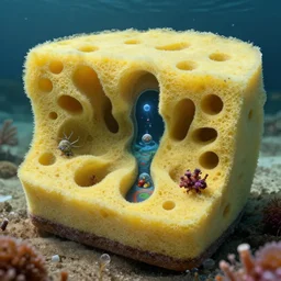 hyper liminal photo, sponge with many tunnels inside each hole, tunnels lead to different worlds, surreal, detailed, high definition, mysterious, wide shot, surrealist depiction of a normal sponge,