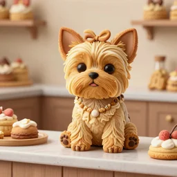 a cute yorkshire terrier made entirely out of cookies, sitting on a bakery countertop, detailed, trending on artstation
