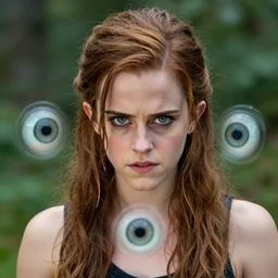 medium shot photograph portrait of a mean woman as emma watson as the princess mononoke, fighting spirit, fierce, 7 0 mm lens, outdoors lighting, nature background, symmetric circular iris, detailed moisture, detailed droplets, detailed intricate hair strands, dslr, ray tracing reflections, symmetrical face and body, gottfried helnwein and irakli nadar, eye reflections, focused