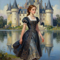 emma watson as a beautiful young girl in intricate clothing by ross tran, walking in a castle, lake painted by sana takeda, rtx reflections, very high intricate details, painting, digital anime art, medium shot, mid - shot, composition by ilya kuvshinov, lighting by greg rutkowski