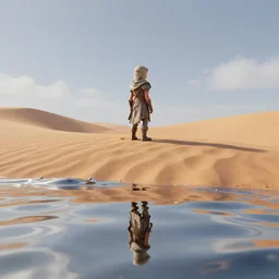a render of a small dune character from skyrim looking at the sky. there is shiny mercury water liquid reflecting everything from below. 8 k, unreal engine, blender, vaporwareaesthetics, trending on artstation