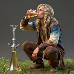 a hippie young man, blonde and silver hair, crouching, drinking beer from beer bong, colourful clothes, hyper realistic, extreme detail, grass, smooth, subtle shadows, fine details, octane render, stunning, intricate, elegant, highly detailed, digital portrait, artstation, smooth, sharp focus, raw, by greg rutkowski