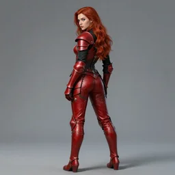 Female paladin, dnd, d&d, leggins, black shirt, red skintight leather armor, red hair, looking from behind, blue eyes, visible face, pretty face features, high fantasy, matte painting, by wlop