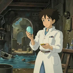 realistic interior shot from howl's moving castle ( 2 0 0 4 ) of a scientist in a crumbling flooded desert prison, cartoon, depth of field.