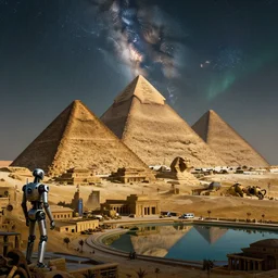 an establishing shot of the cyberpunk pyramids of giza, digital art, detailed, robots, stars, milky way, at night time, ancient civilisation, ancient steampunk city, reflecting pool, milky way, slight aurora, muted colours, by paul lehr, jesper ejsing